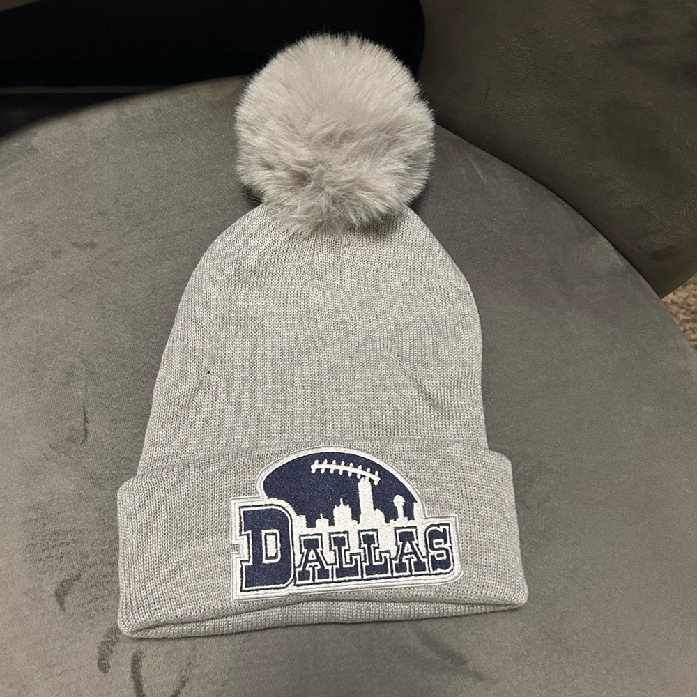 Gray Beanie with Dallas Logo and Pom Pom